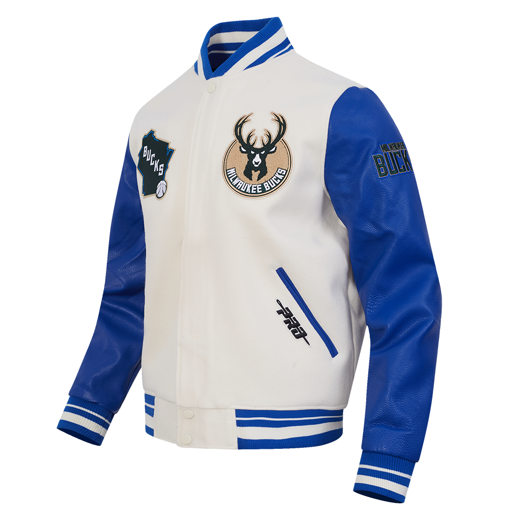 NBA MILWAUKEE BUCKS CITY EDITION 25-26 MEN'S RIB WOOL VARSITY JACKET (EGGSHELL/ROYAL BLUE)