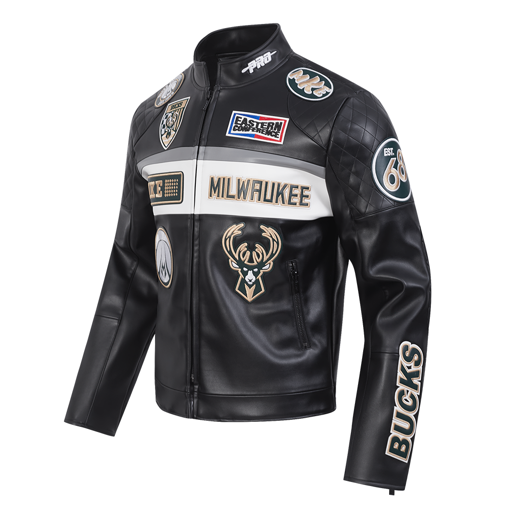 NBA MILWAUKEE BUCKS MEN'S MOTO JACKET (BLACK/WHITE)