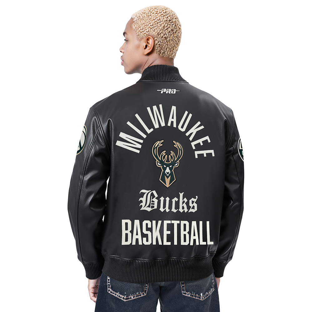 NBA MILWAUKEE BUCKS MODERN ORIGINALS MEN'S LEATHER VARSITY JACKET (JET BLACK)