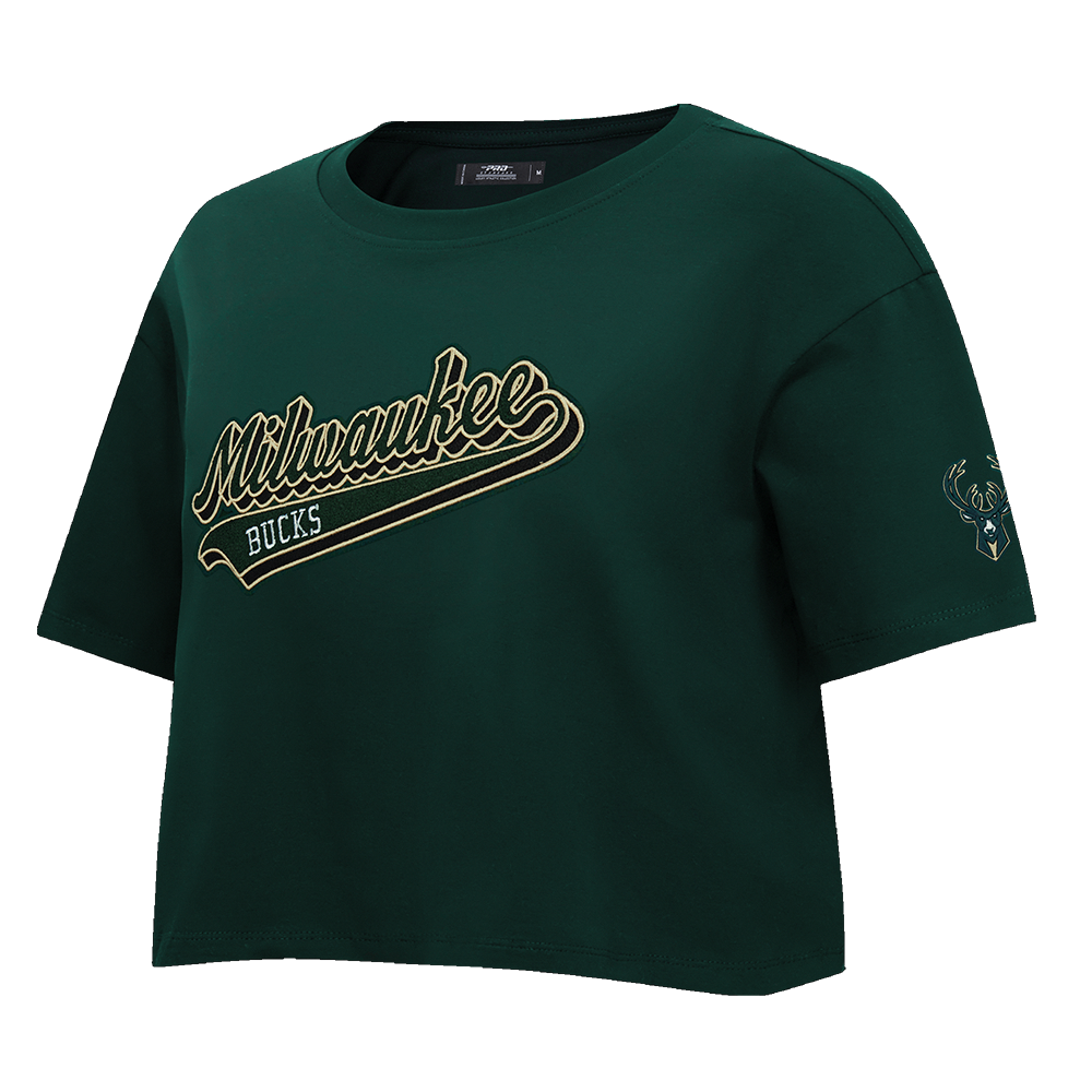 NBA MILWAUKEE BUCKS SCRIPT TAIL WOMEN'S S/S BOXY TEE (FOREST GREEN)