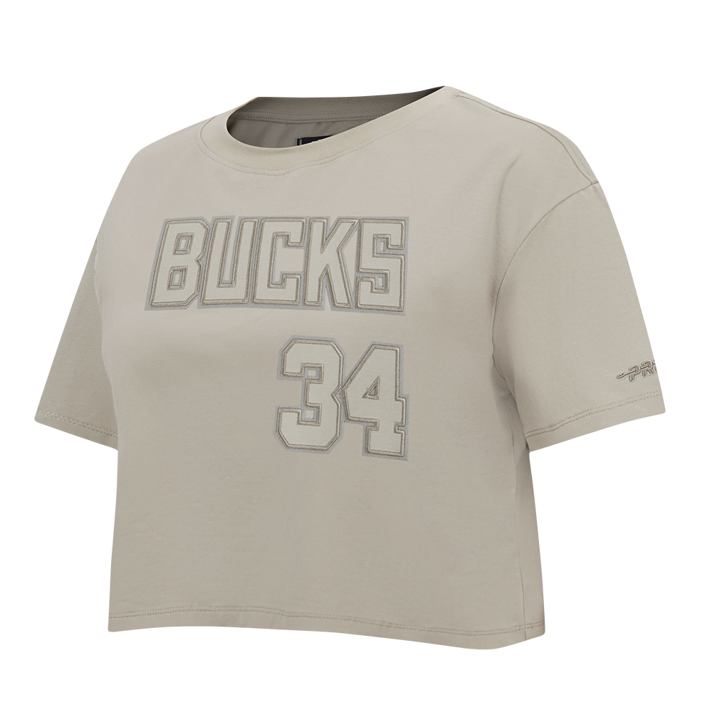 NBA MILWAUKEE BUCKS GIANNIS ANTETOKOUNMPO #34 NEUTRAL PNN WOMEN'S SJ BOXY TEE (TAUPE)