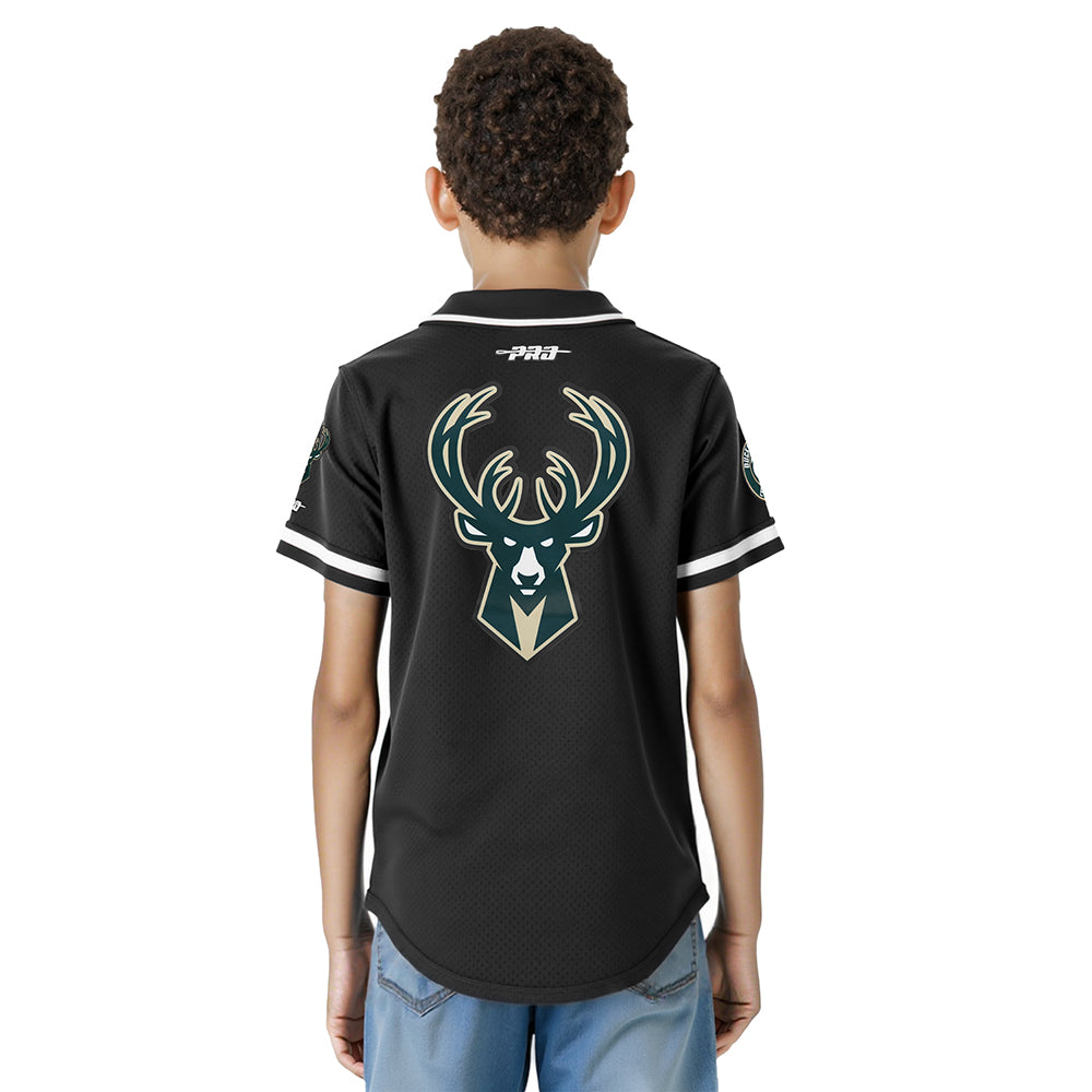 NBA MILWAUKEE BUCKS GIANNIS ANTETOKOUNMPO #34 CLASSIC PNN BIG BOY'S MESH BUTTON DOWN SHIRT (BLACK)
