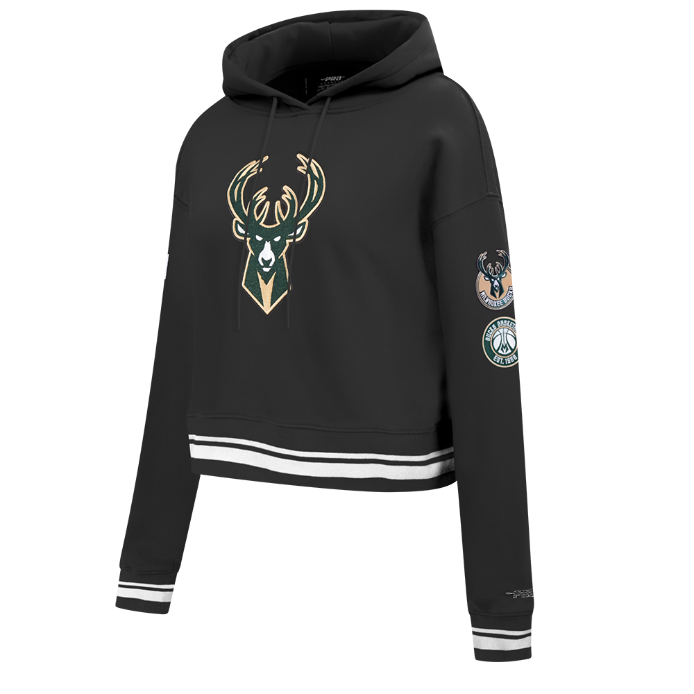 NBA MILWAUKEE BUCKS RETRO CLASSIC WOMEN'S CROPPED PULLOVER HOODIE (BLACK)
