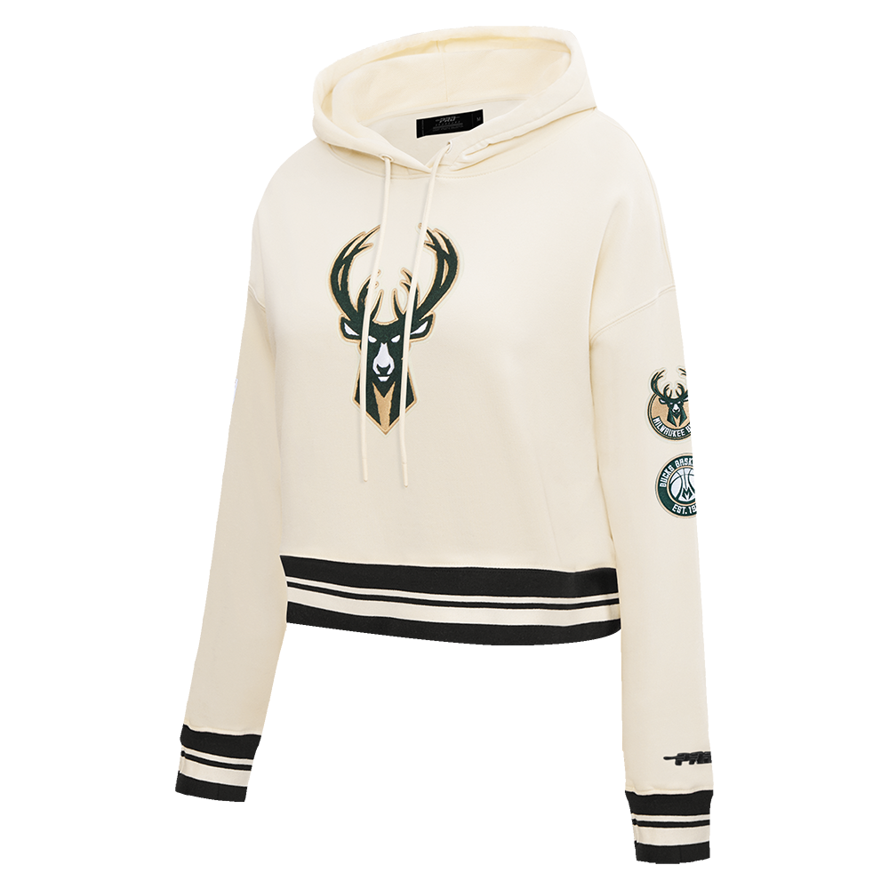 NBA MILWAUKEE BUCKS RETRO CLASSIC WOMEN'S CROPPED FLC PO HOODIE (EGGSHELL/ BLACK)