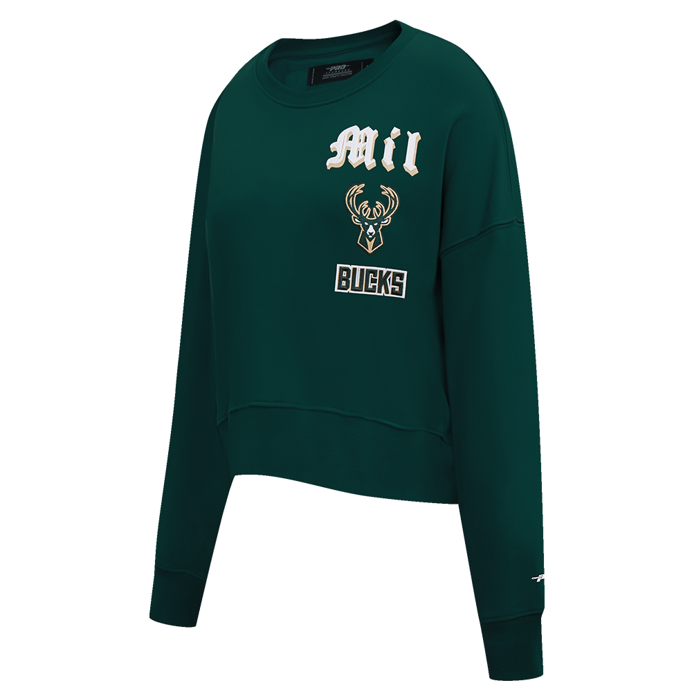 NBA MILWAUKEE BUCKS OLD ENGLISH WOMEN'S FLC CREWNECK (FOREST GREEN)