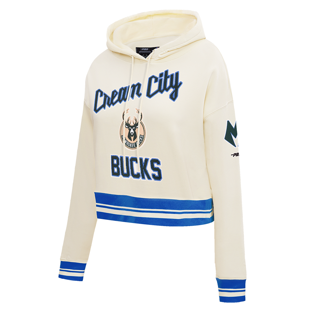 NBA MILWAUKEE BUCKS CITY EDITION 25-26 WOMEN'S RIB FLC CROPPED PO HOODIE (EGGSHELL/ ROYAL BLUE)