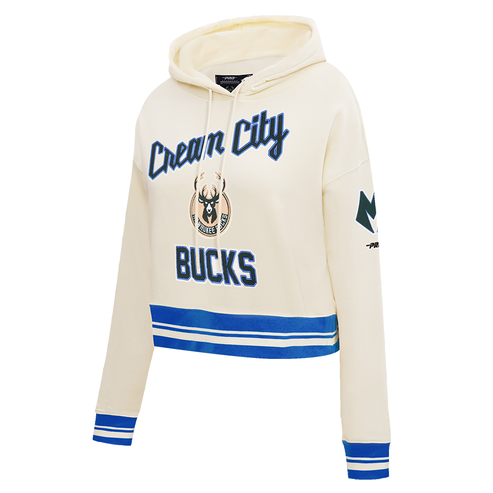 NBA MILWAUKEE BUCKS CITY EDITION 25-26 WOMEN'S RIB FLC CROPPED PO HOODIE (EGGSHELL/ ROYAL BLUE)