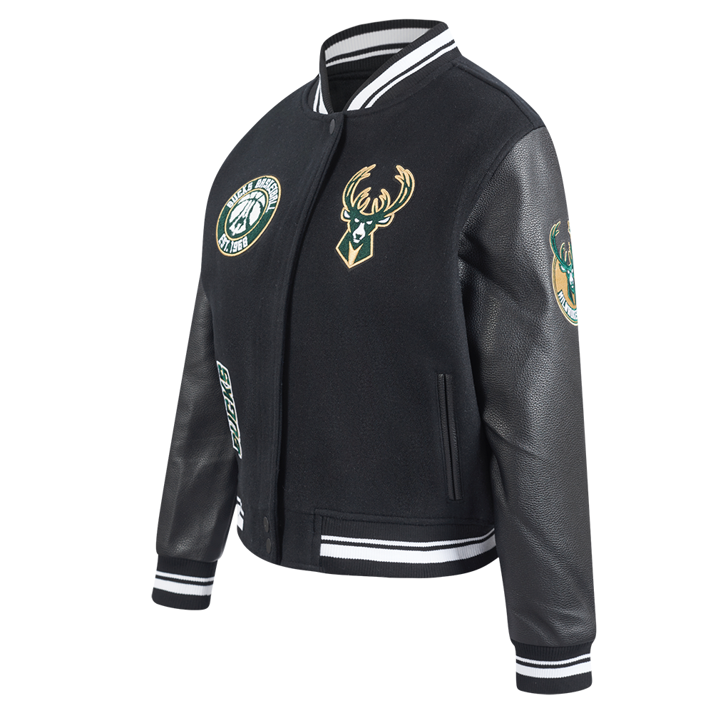 NBA MILWAUKEE BUCKS RETRO CLASSIC WOMEN'S RIB WOOL VARSITY JACKET (BLACK)