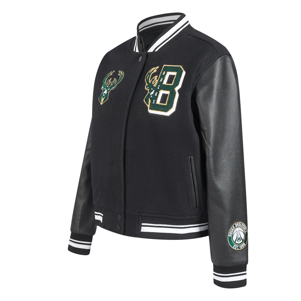 NBA MILWAUKEE BUCKS MASHUP WOMEN'S RIB WOOL VARSITY JACKET (BLACK)