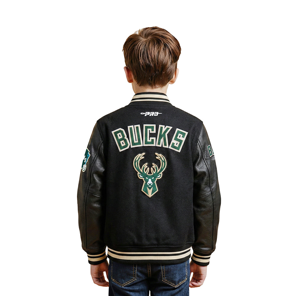 NBA MILWAUKEE BUCKS RETRO CLASSIC LITTLE BOYS RIB WOOL VARSITY JACKET (BLACK)