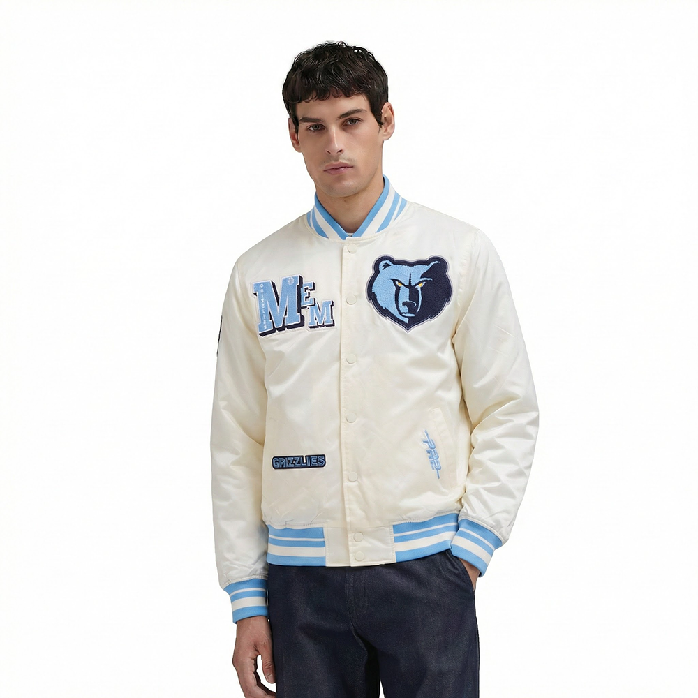 MEMPHIS GRIZZLIES BEST OF MEN'S RIB SATIN JACKET (EGGSHELL/ UNIVERSITY BLUE)