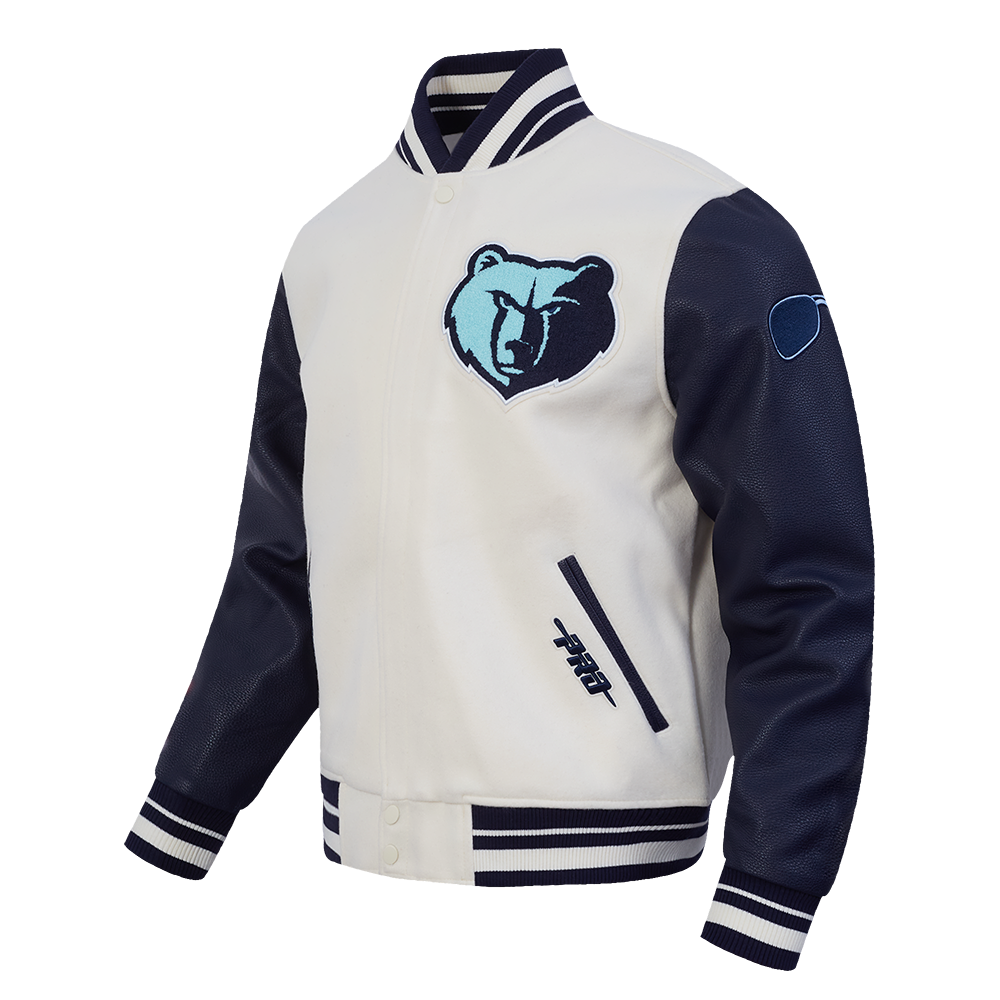 NBA MEMPHIS GRIZZLIES CITY EDITION 25-26 MEN'S RIB WOOL VARSITY JACKET (EGGSHELL/ MIDNIGHT NAVY)