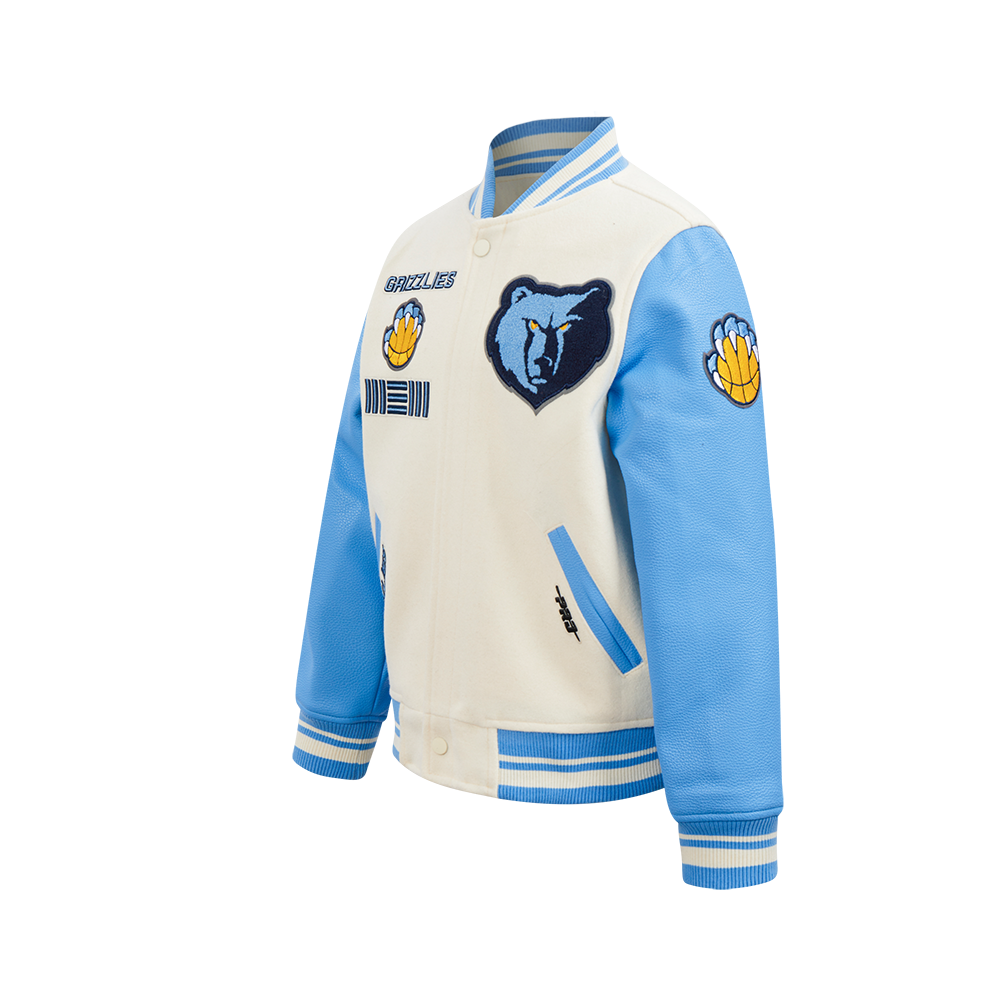 NBA MEMPHIS GRIZZLIES RETRO CLASSIC BIG BOYS RIB WOOL VARSITY JACKET (EGGSHELL/ UNIVERSITY BLUE)