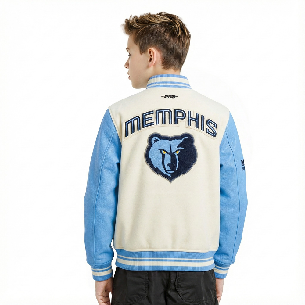 NBA MEMPHIS GRIZZLIES RETRO CLASSIC BIG BOYS RIB WOOL VARSITY JACKET (EGGSHELL/ UNIVERSITY BLUE)