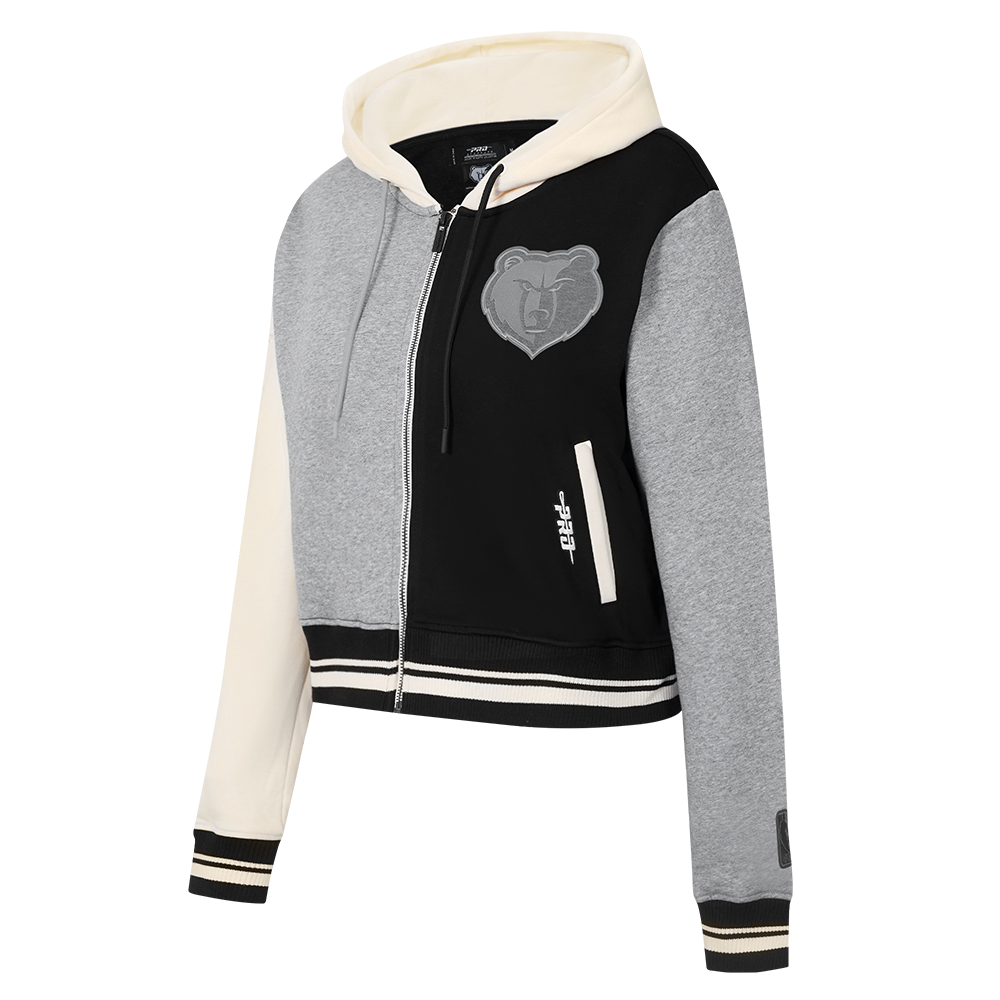 NBA MEMPHIS GRIZZLIES REVERSE FRENCH TERRY WOMEN'S COLOR BLOCK FLEECE FULL ZIP HOODIE (BLACK/GRAY/EGGSHELL)