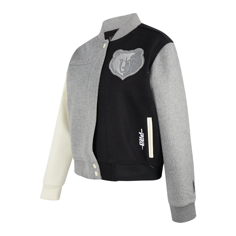 NBA MEMPHIS GRIZZLIES REVERSE FRENCH TERRY WOMEN'S WOOL VARSITY JACKET (BLACK/GRAY/EGGSHELL)