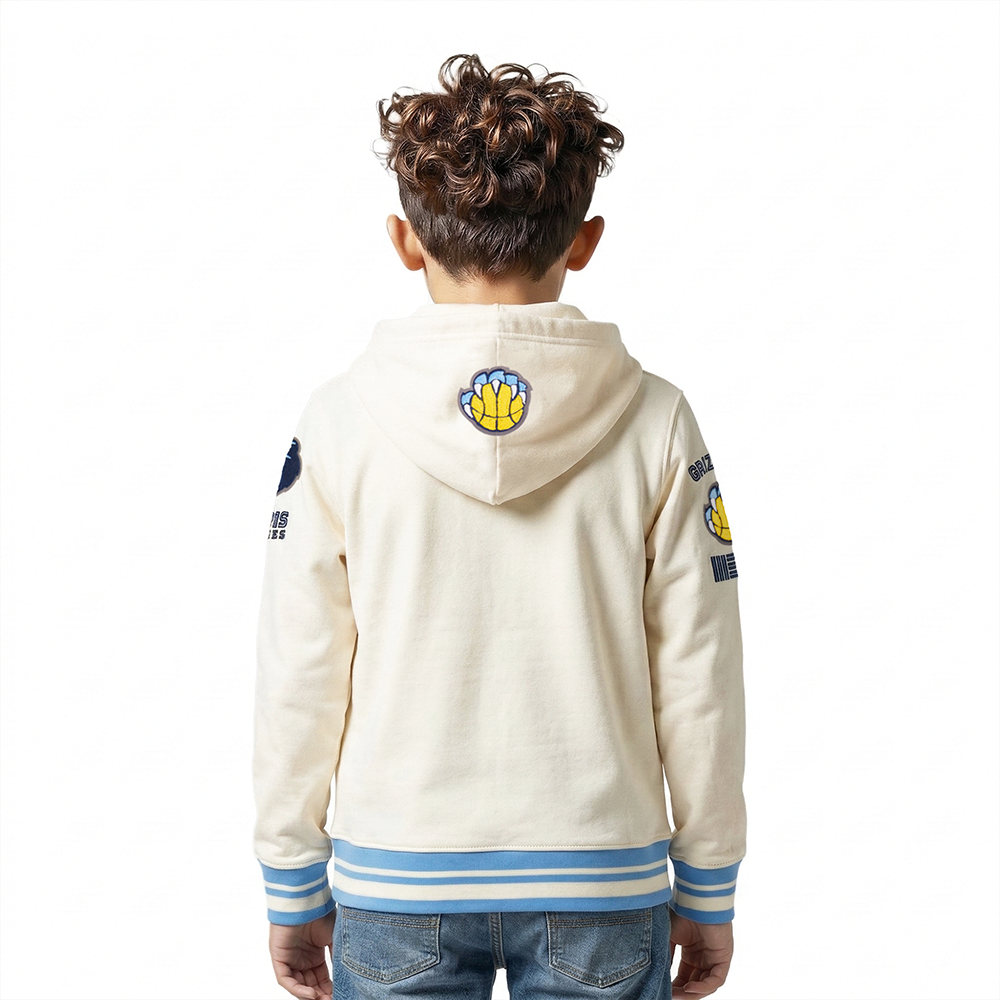 NBA MEMPHIS GRIZZLIES RETRO CLASSIC LITTLE BOYS RIB FLEECE PULLOVER HOODIE (EGGSHELL/ UNIVERSITY BLUE)