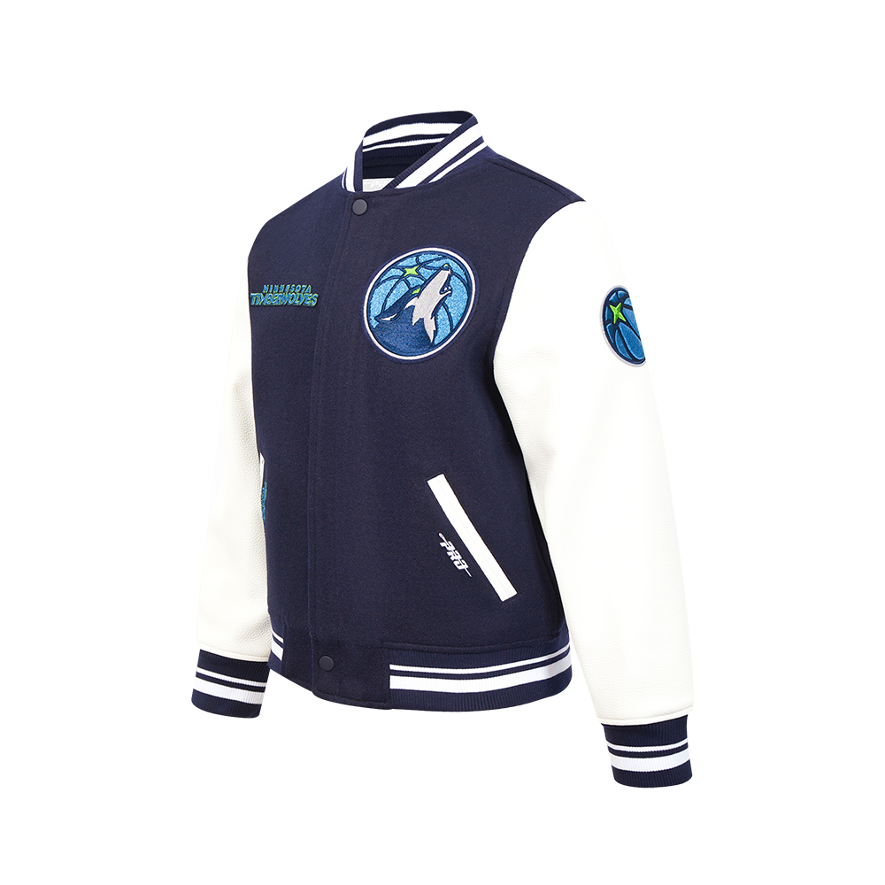 NBA MINNESOTA TIMBERWOLVES RETRO CLASSIC BIG BOY'S RIB WOOL VARSITY JAC (MIDNIGHT NAVY/WHITE)