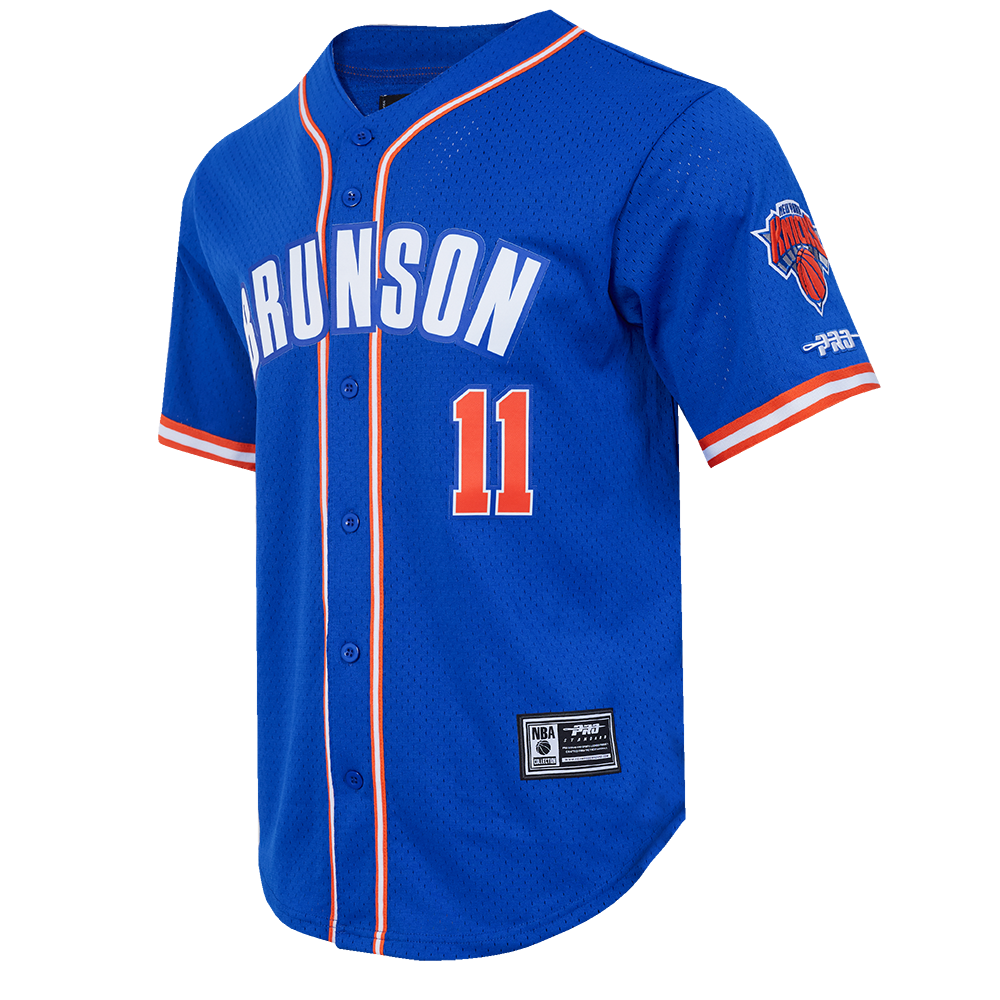 NBA NEW YORK KNICKS JALEN BRUNSON #11 MEN'S MESH BUTTON DOWN SHIRT (ROYAL BLUE/ORANGE)