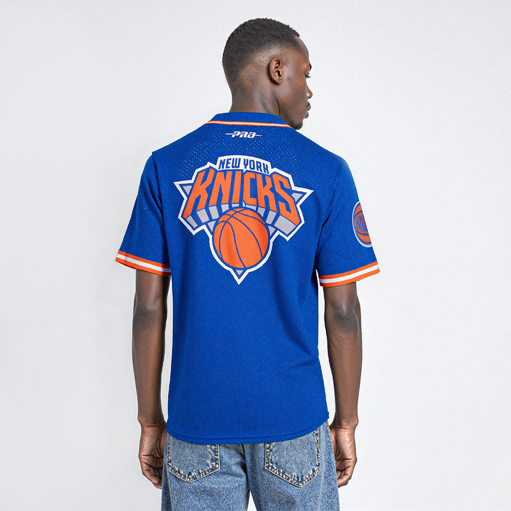 NBA NEW YORK KNICKS JALEN BRUNSON #11 MEN'S MESH BUTTON DOWN SHIRT (ROYAL BLUE/ORANGE)