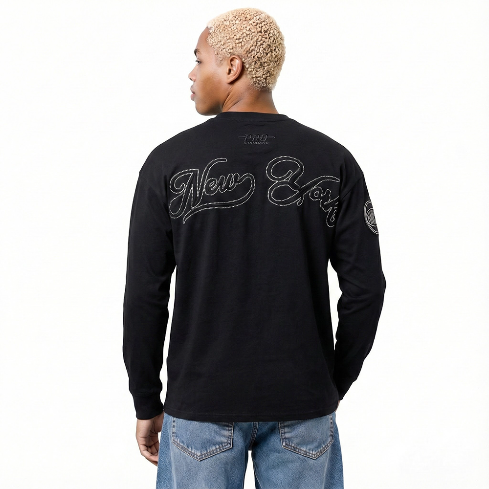 NBA NEW YORK KNICKS BLACKOUT MEN'S DROP SHOULDER LS TEE (BLACK)