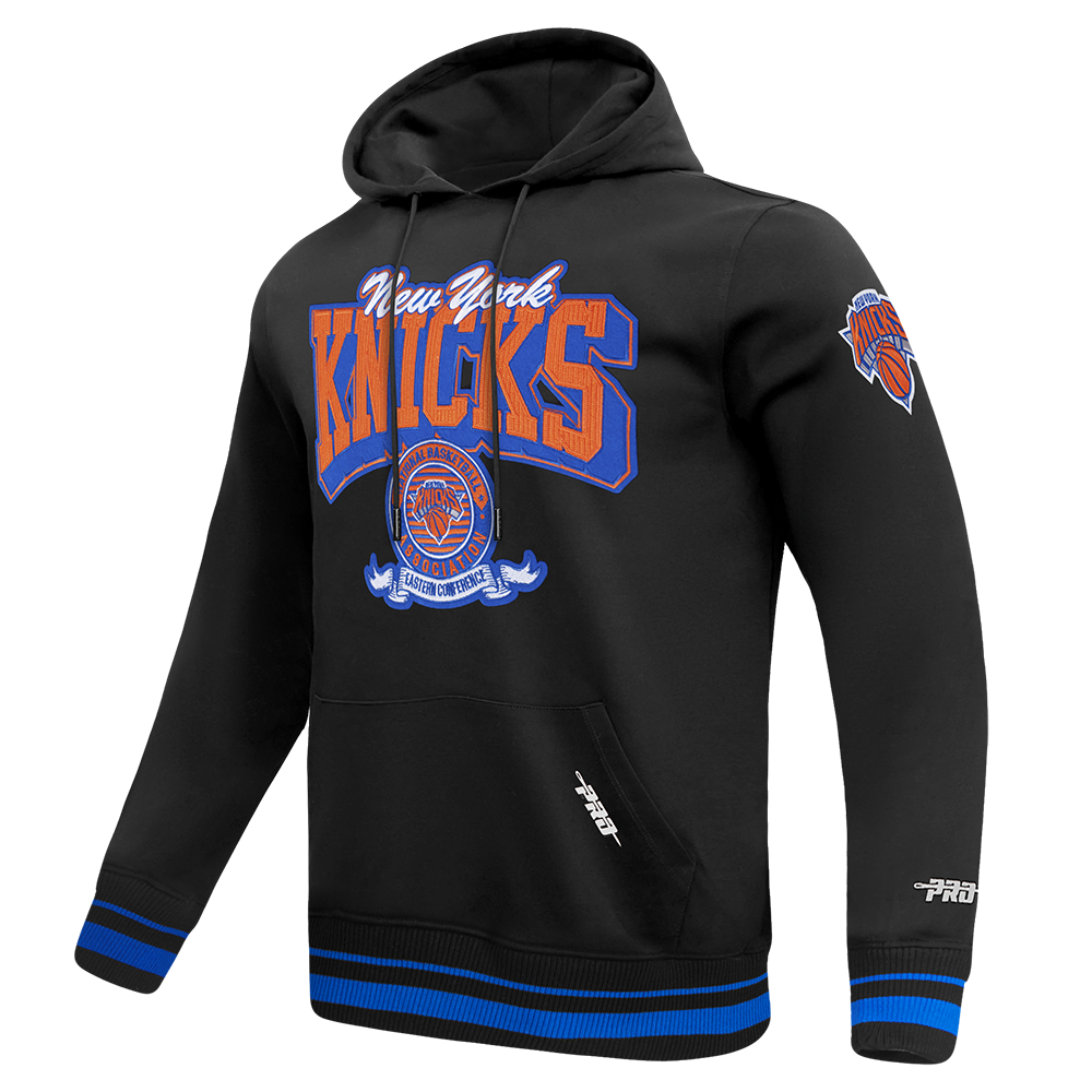 NBA NEW YORK KNICKS TEAM BADGE MEN'S RIB PO HOODIE (BLACK/ROYAL BLUE/BLACK)