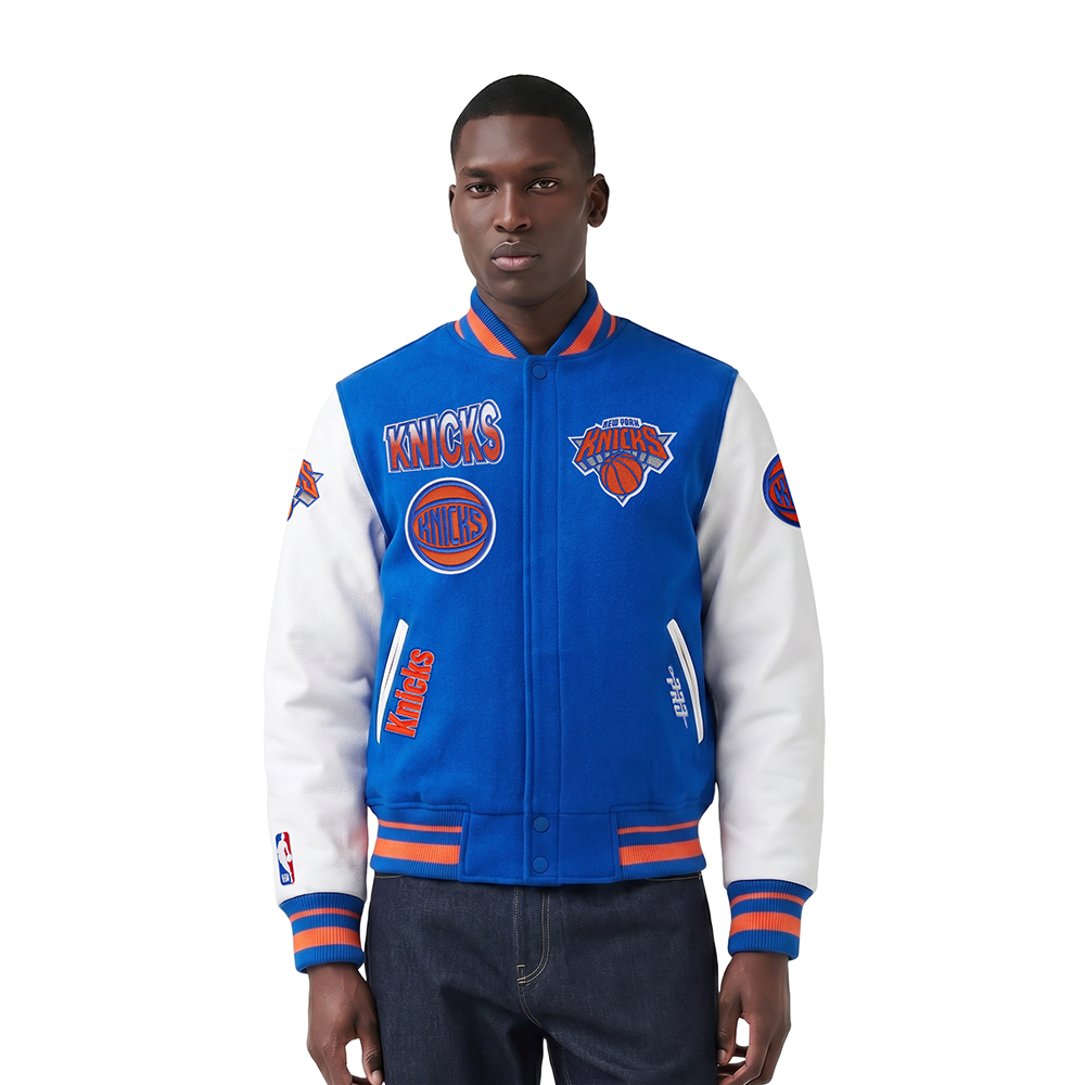 NBA NEW YORK KNICKS TURN IT UP MEN'S RIB WOOL VARSITY JACKET (ROYAL/ORANGE/ROYAL)