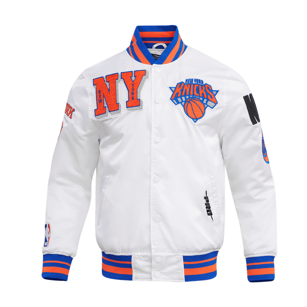 NBA NEW YORK KNICKS MASHUP MEN'S RIB SATIN JACKET (WHITE/ROYAL BLUE/ORANGE)
