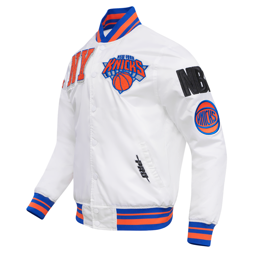 NBA NEW YORK KNICKS MASHUP MEN'S RIB SATIN JACKET (WHITE/ROYAL BLUE/OR –  Pro Standard