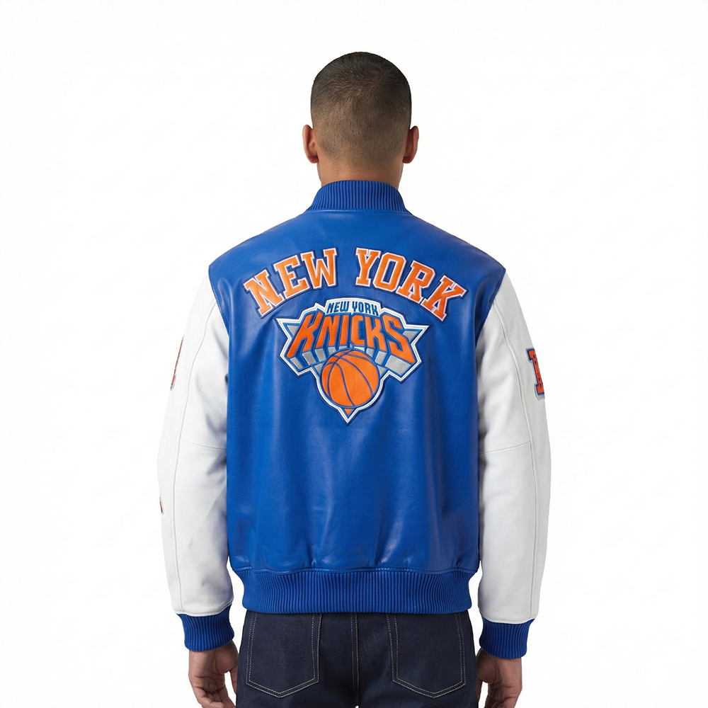 NBA NEW YORK KNICKS CITY SIGNATURE MEN'S LEATHER VARSITY JACKET (ROYAL BLUE/WHITE)