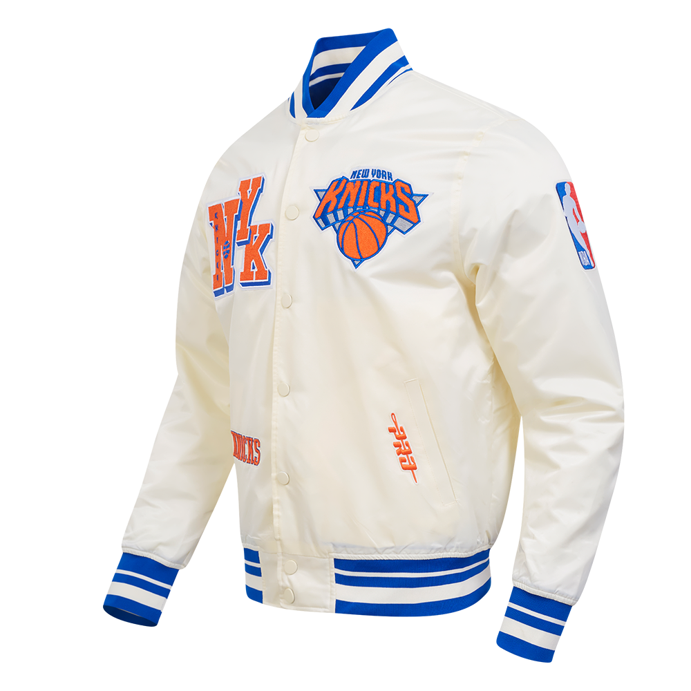NBA NEW YORK KNICKS BEST OF MEN'S RIB SATIN JACKET (EGGSHELL/ROYAL BLUE)