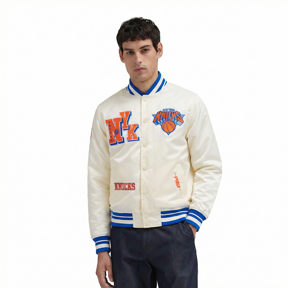 NBA NEW YORK KNICKS BEST OF MEN'S RIB SATIN JACKET (EGGSHELL/ROYAL BLUE)