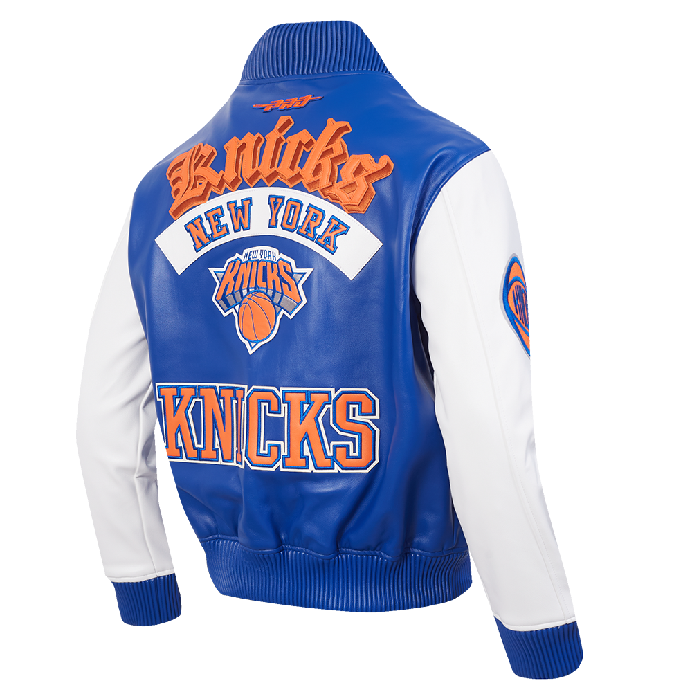 NBA NEW YORK KNICKS BEST OF MEN'S LEATHER VARSITY JACKET (ROYAL BLUE/WHITE)