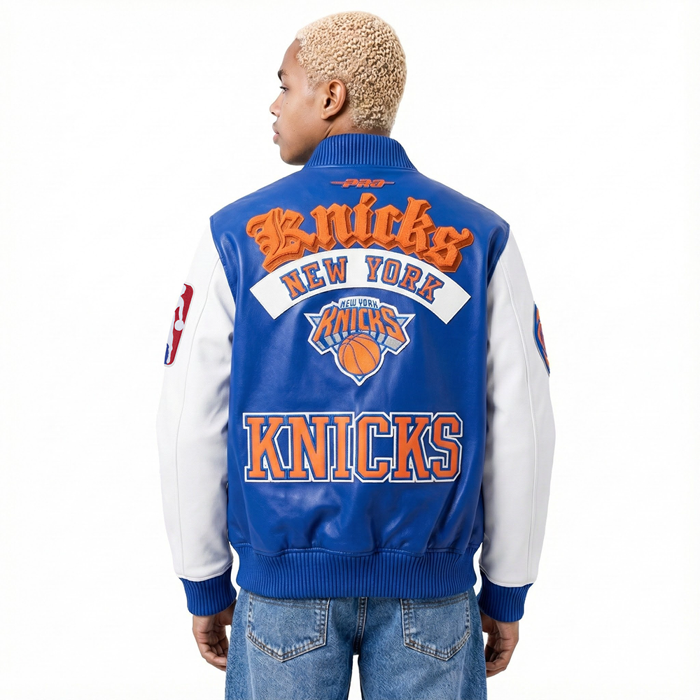 NBA NEW YORK KNICKS BEST OF MEN'S LEATHER VARSITY JACKET (ROYAL BLUE/WHITE)