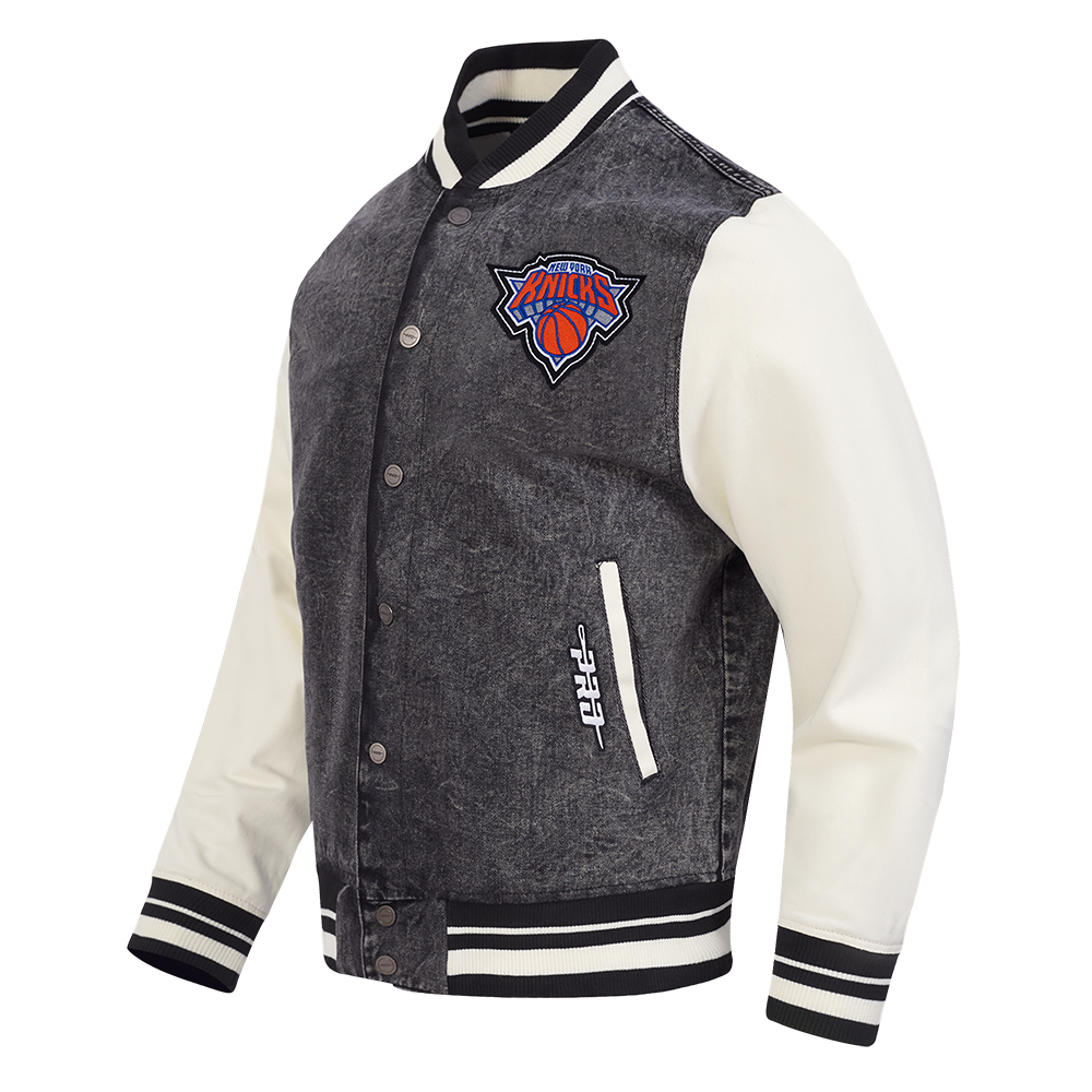 NBA NEW YORK KNICKS REBEL ATHLETICS MEN'S DENIM VARSITY JACKET (WASHED BLACK/EGGSHELL)