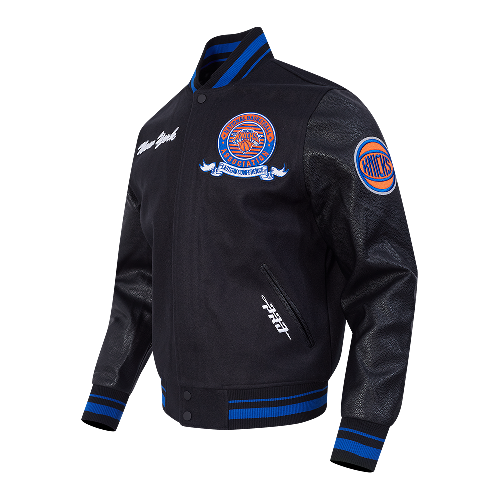 NBA NEW YORK KNICKS TEAM BADGE MEN'S RIB WOOL VARSITY JACKET (BLACK/ROYAL BLUE/BLACK)