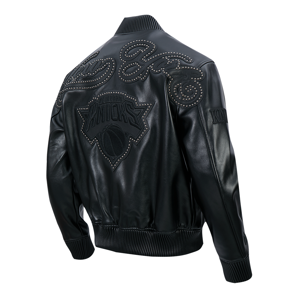 NBA NEW YORK KNICKS BLACKOUT MEN'S LEATHER VARSITY JACKET (JET BLACK)