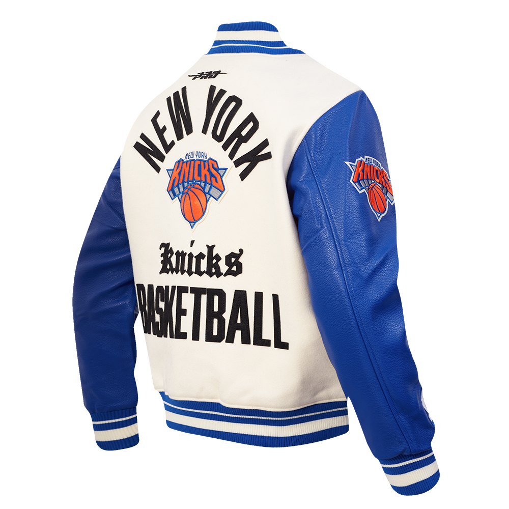 NBA NEW YORK KNICKS MODERN ORIGINALS MEN'S RIB WOOL VARSITY JACKET (EGGSHELL/ROYAL BLUE)