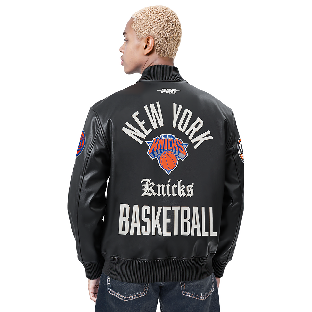 NBA NEW YORK KNICKS MODERN ORIGINALS MEN'S LEATHER VARSITY JACKET (JET BLACK)