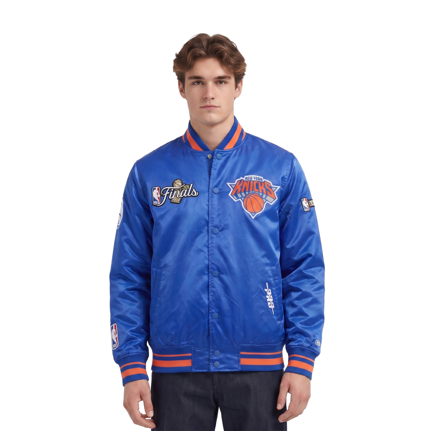 NBA NEW YORK KNICKS  MEN'S SATIN JACKET (ROYAL/ORANGE/ROYAL)