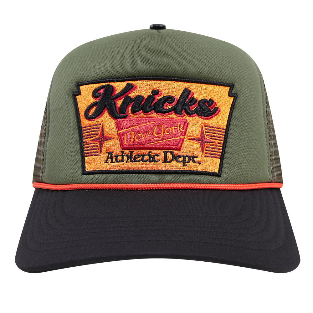 NBA NEW YORK KNICKS INSIGNIA WOOL 2 TONE PINCH FRONT TRUCKER HAT OLIVE BLACK