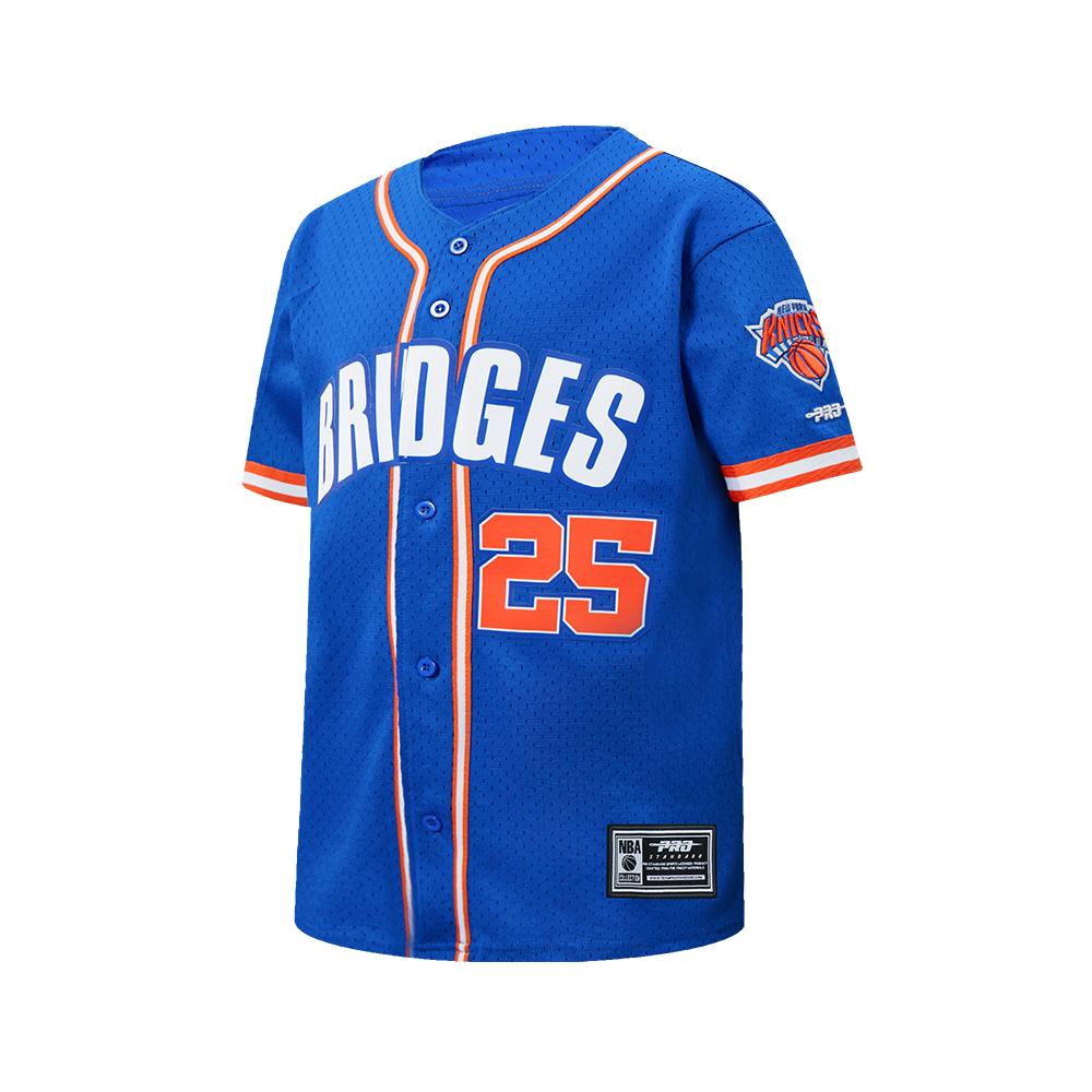 NBA NEW YORK KNICKS MIKAL BRIDGES #25 CLASSIC PNN BIG BOY'S MESH BUTTON DOWN SHIRT (ROYAL BLUE/ORANGE)