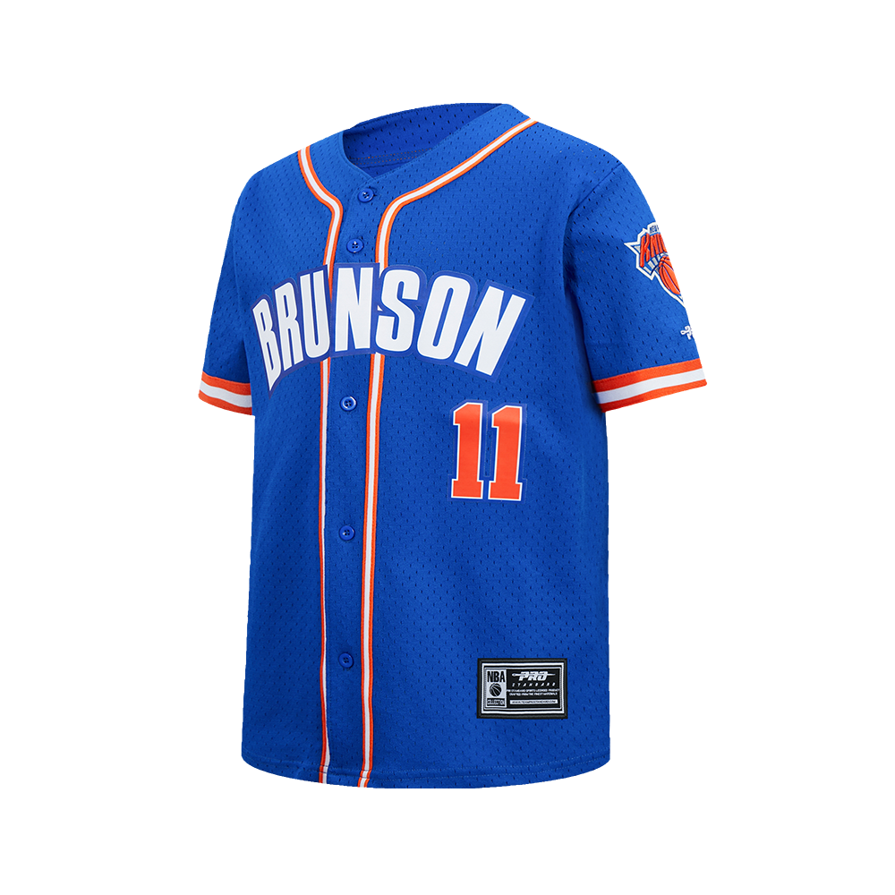 NBA NEW YORK KNICKS JALEN BRUNSON #11 CLASSIC PNN BIG BOY'S MESH BUTTON DOWN SHIRT (ROYAL BLUE/ORANGE)