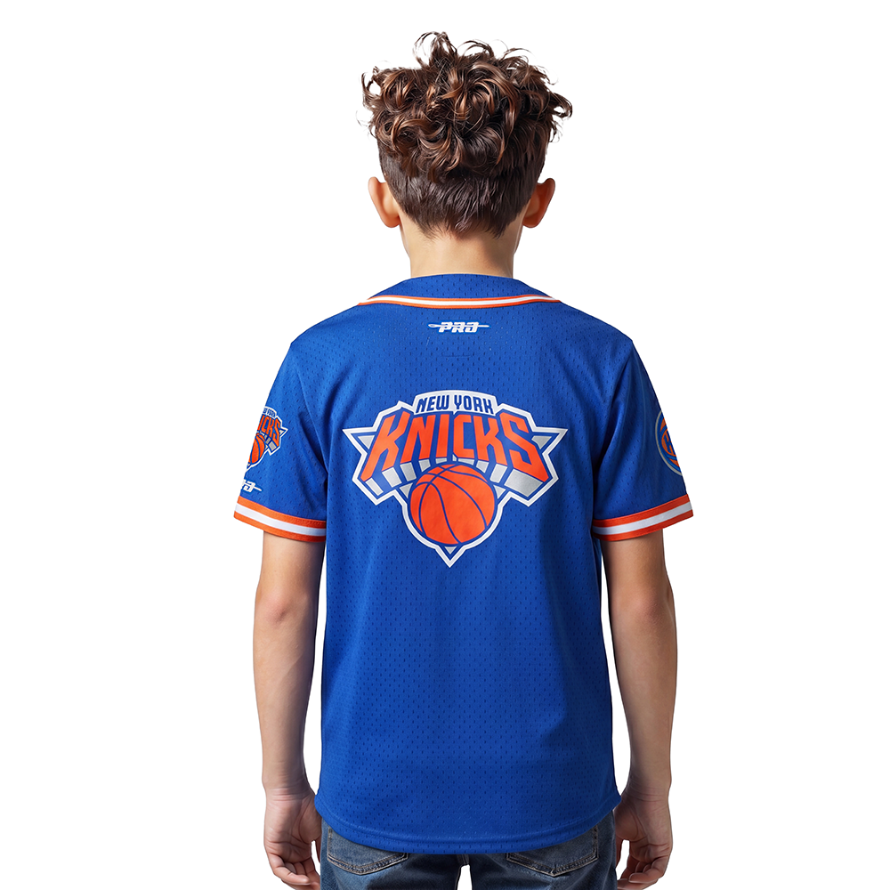 NBA NEW YORK KNICKS JALEN BRUNSON #11 CLASSIC PNN BIG BOY'S MESH BUTTON DOWN SHIRT (ROYAL BLUE/ORANGE)