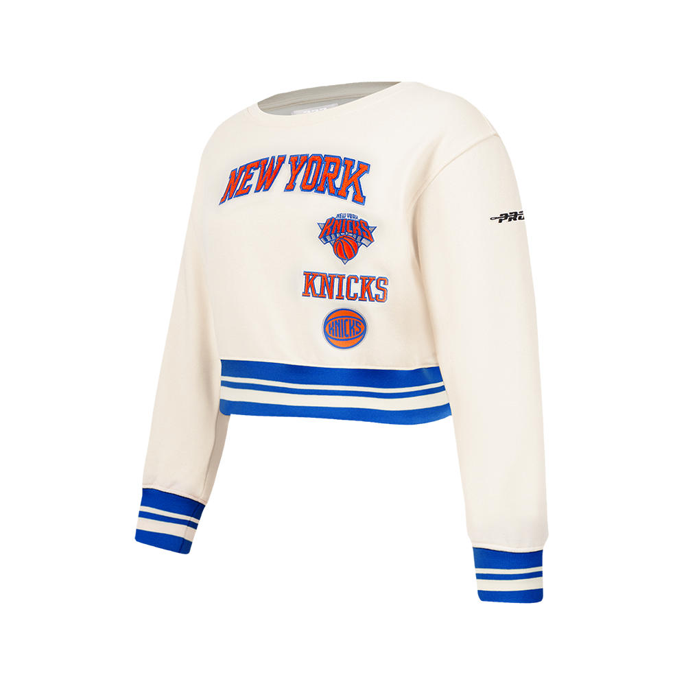 NBA NEW YORK KNICKS RETRO CLASSIC BIG GIRLS  RIB FLEECE CREWNECK (EGGSHELL/ROYAL BLUE)