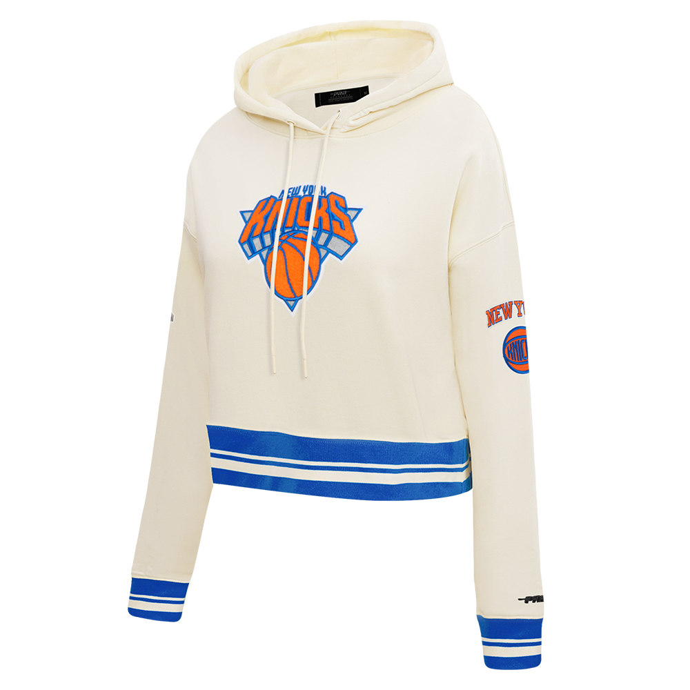 NBA NEW YORK KNICKS RETRO CLASSIC WOMEN'S RIB CROPPED PULLOVER HOODIE (EGGSHELL/ROYAL BLUE)