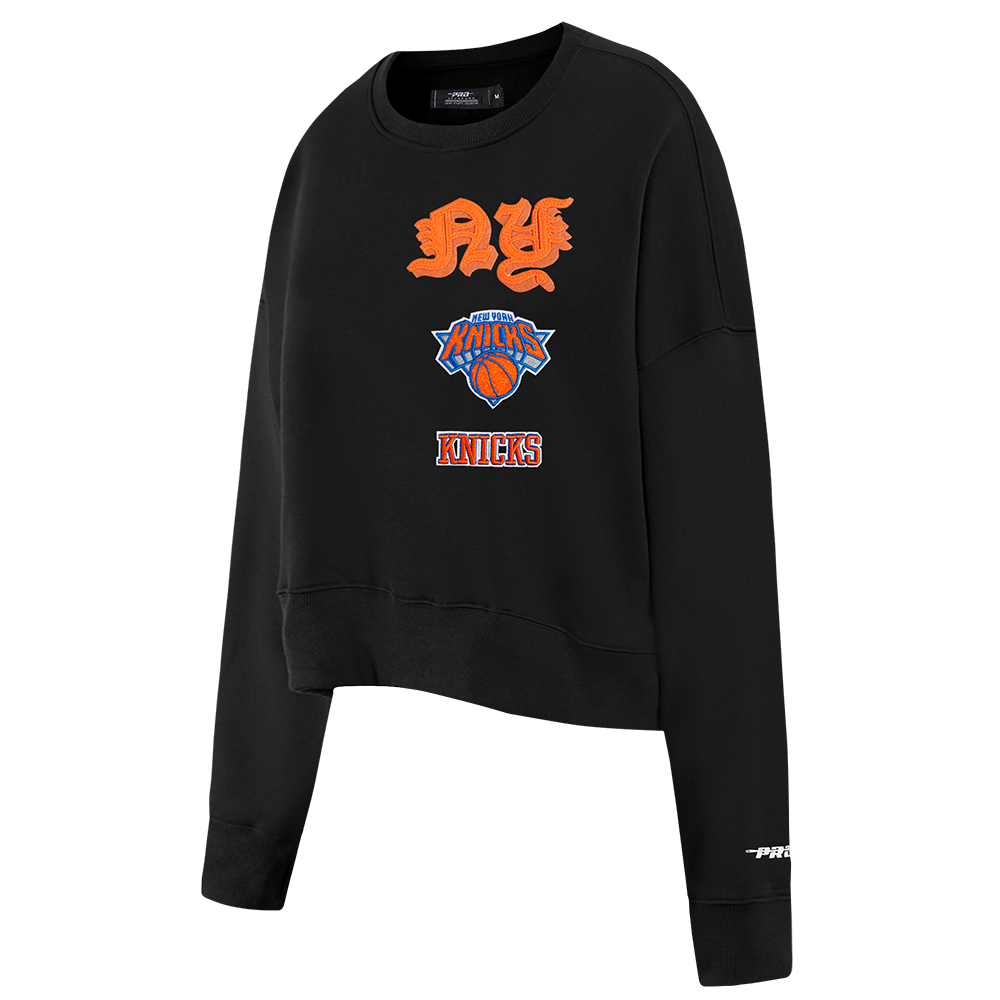 NBA NEW YORK KNICKS OLD ENGLISH WOMEN'S FLC CREWNECK (BLACK)