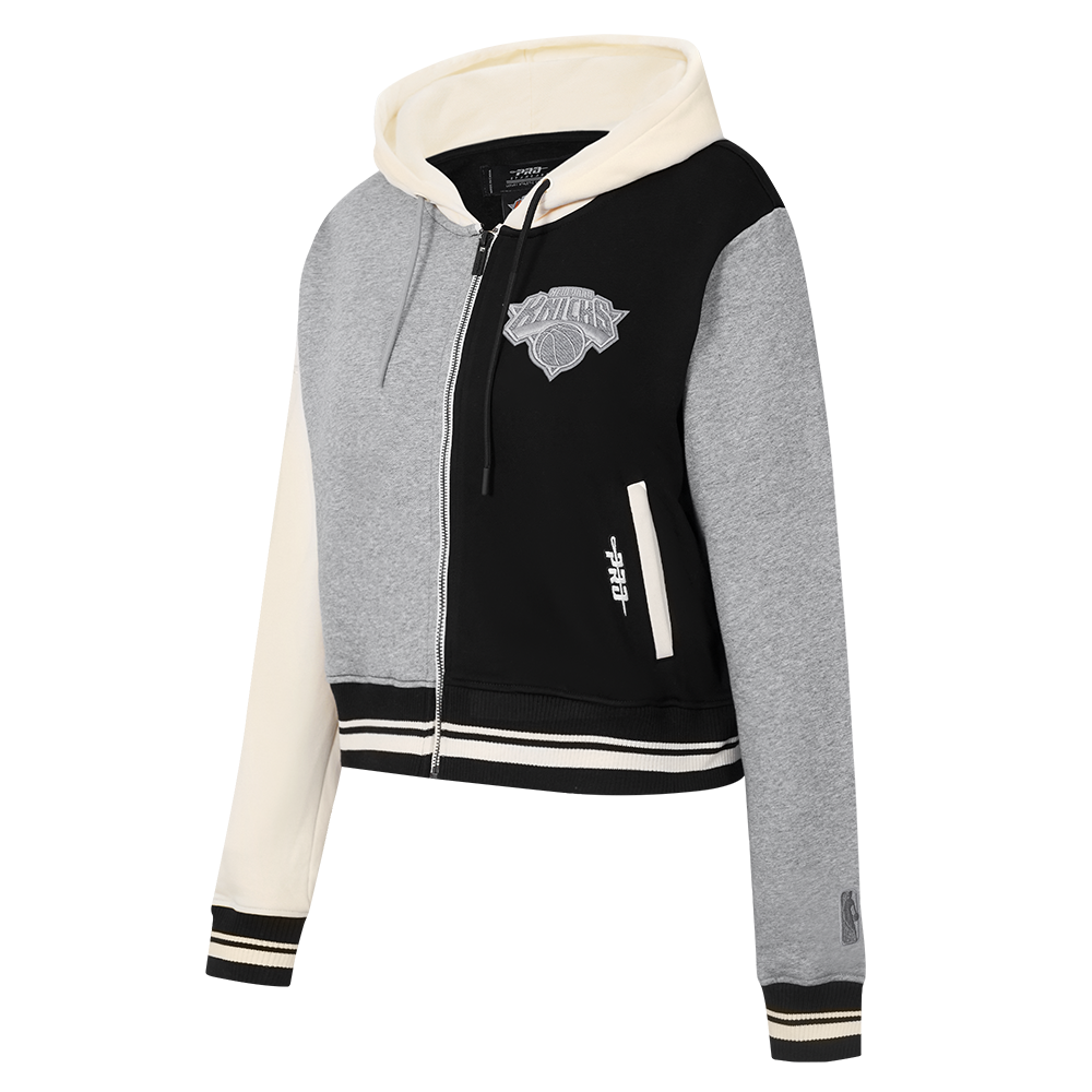 NBA NEW YORK KNICKS REVERSE FRENCH TERRY WOMEN'S COLOR BLOCK FLEECE FULL ZIP HOODIE (BLACK/GRAY/EGGSHELL)
