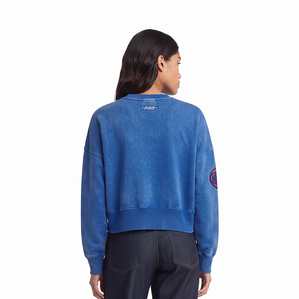 NBA NEW YORK KNICKS TEAM CRYSTALLINE WOMEN'S CREWNECK SWEATSHIRT (WASHED ROYAL BLUE)