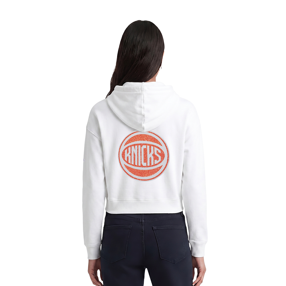 NBA NEW YORK KNICKS TEAM CRYSTALLINE WOMEN'S CROPPED PULLOVER HOODIE (WHITE)